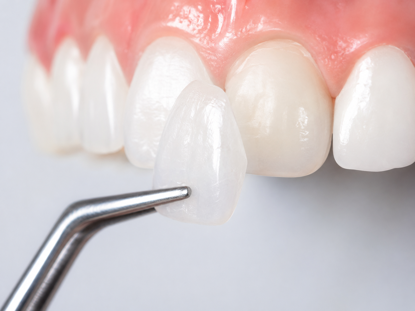 Close-up of a porcelain dental veneer being positioned on a tooth