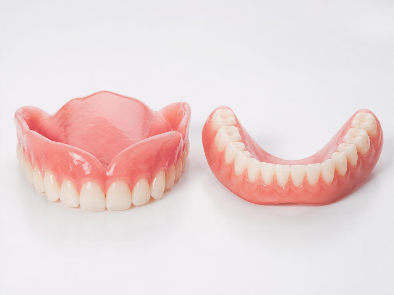 Upper and lower complete dentures displayed on a clean background