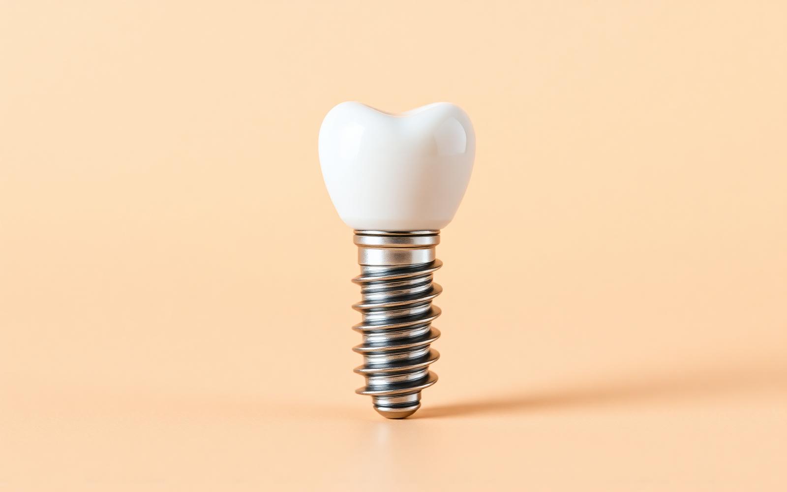 Single premium dental implant with abutment and porcelain crown on a warm neutral background.